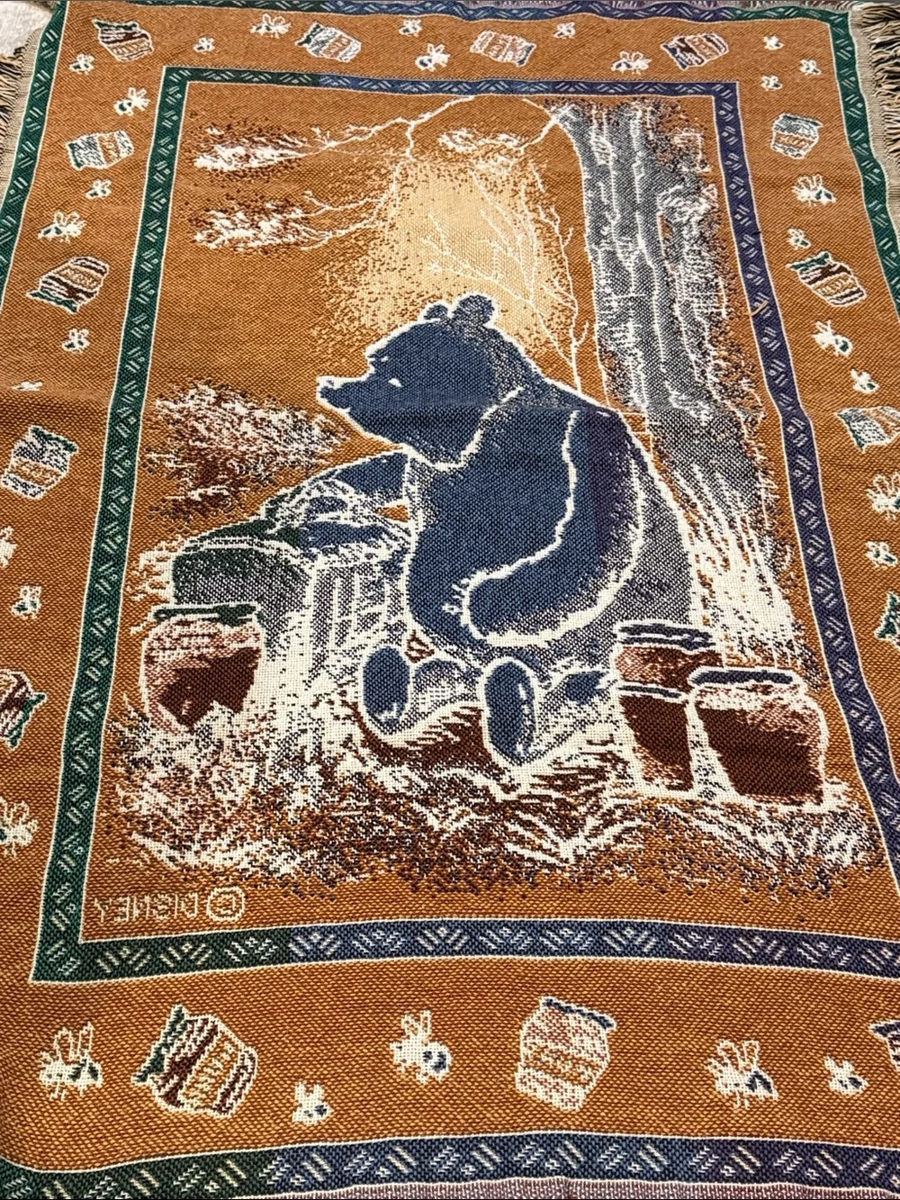 Disney Winnie the Pooh Beige, Brown, Green Tapestry Throw 3.25 x 4.25